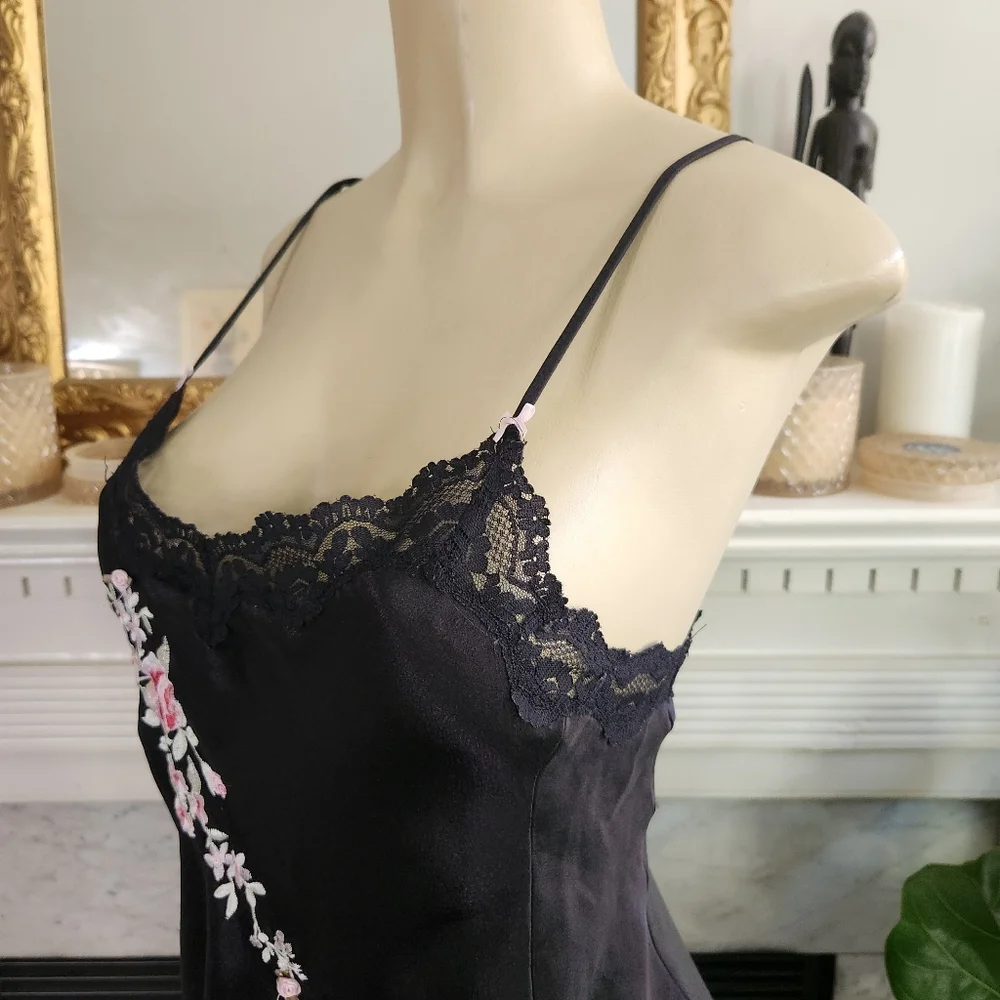 Vintage 90s Black Floral Chemise Slip Dress Sz M Pink Embroidered Mini Lace Y2K